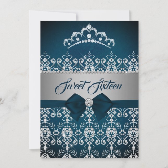 Sweet Sixteen Teal Silver Diamond Tiara Bow Invitation (Front)