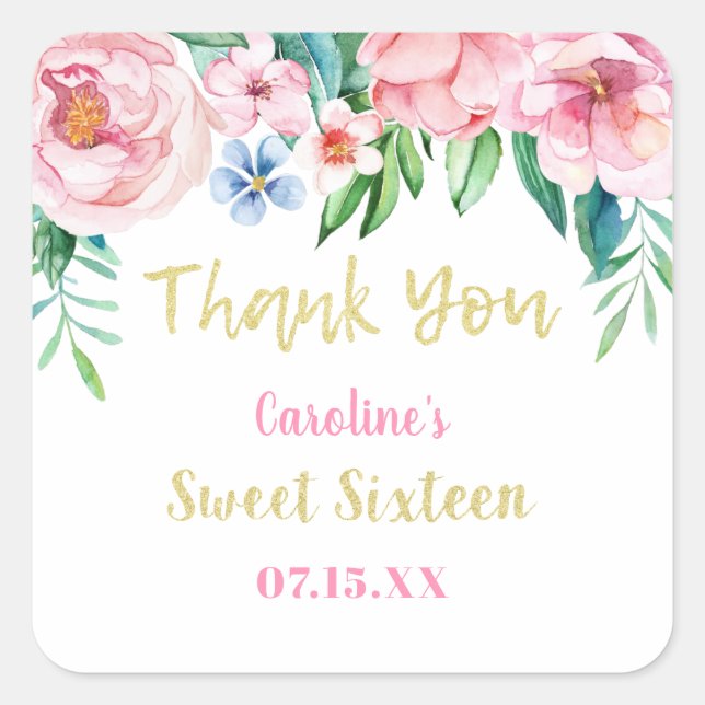 Sweet Sixteen Tropical Floral Pink Gold Thank You Square Sticker (Front)