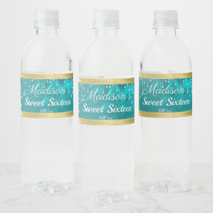 Sweet Sixteen Turquoise and Gold Satin Diamonds Water Bottle Label