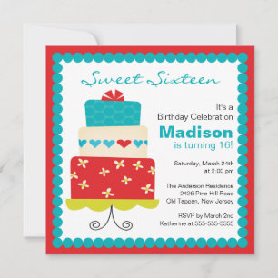 Sweet Sixteen Turquoise & Red Cake Birthday Invite