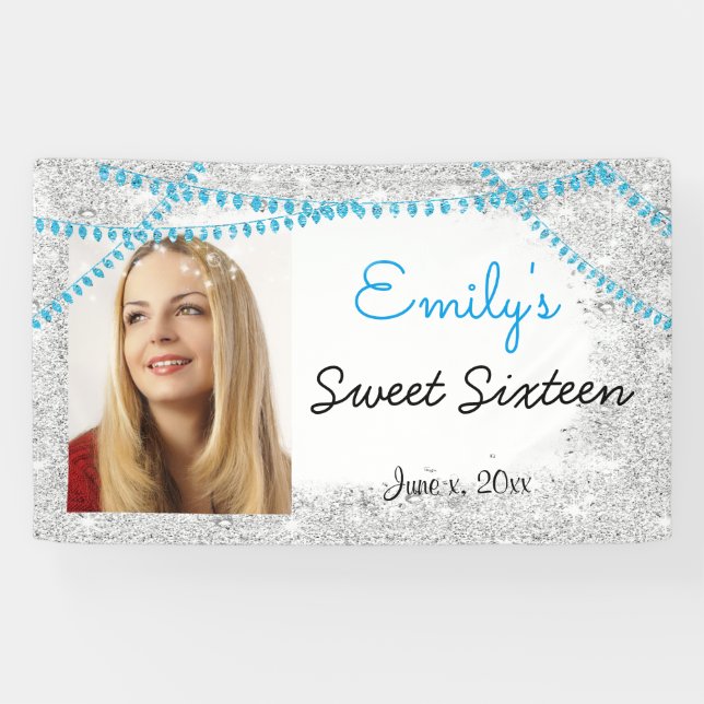 Sweet Sixteen,Turquoise, String Lights, Glitter, Banner (Horizontal)