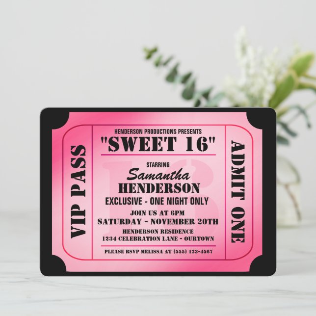 Sweet Sixteen VIP Ticket Style Party Invitations (Standing Front)