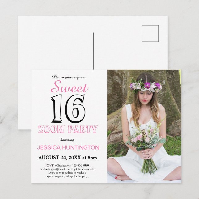 Sweet Sixteen Virtual Birthday Party Invitation Postcard (Front/Back)