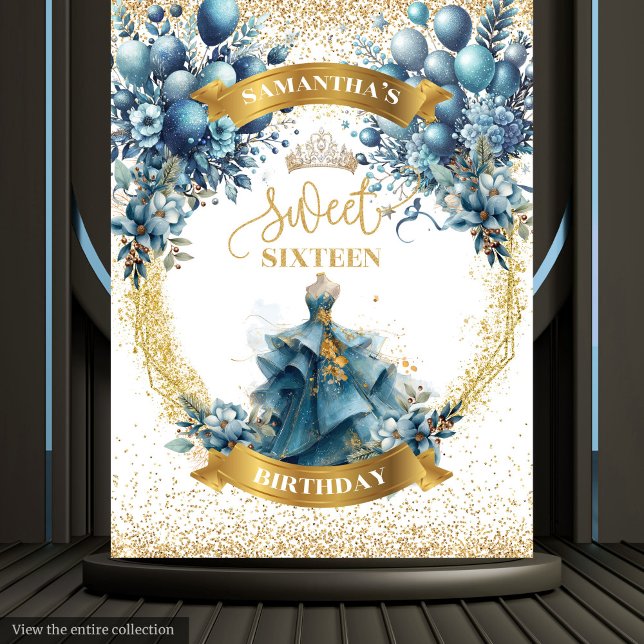 Sweet Sixteen Watercolor Blue Gold Balloon Banner Tapestry (Sweet Sixteen Watercolor Blue Gold Balloon Banner Tapestry)