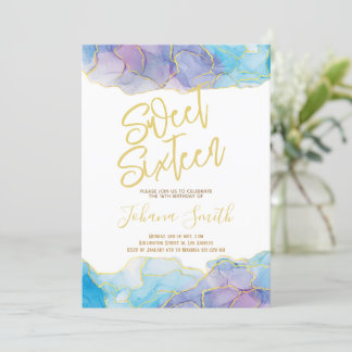 Sweet Sixteen Watercolor Blue Gold Birthday Invitation