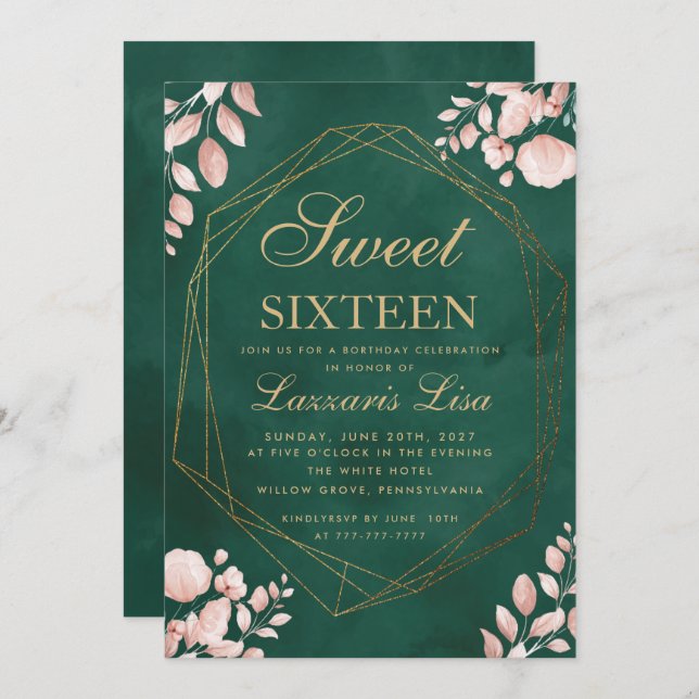 Sweet Sixteen Watercolor Floral Green Birthday Invitation (Front/Back)