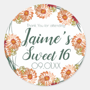 Sweet Sixteen Watercolor Floral Peach Green  Classic Round Sticker