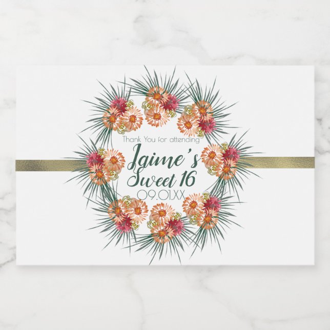 Sweet Sixteen Watercolor Floral Peach Green    Food Label (Single Label)