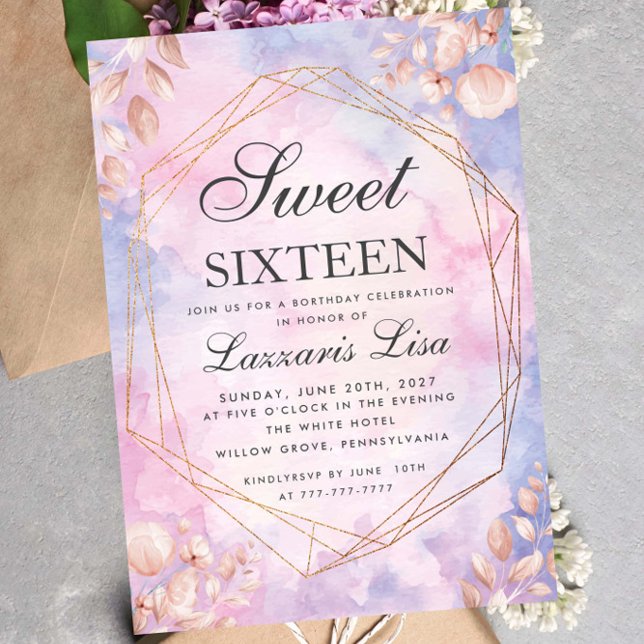 Sweet Sixteen Watercolor Floral Purple Birthday Invitation (Creator Uploaded)