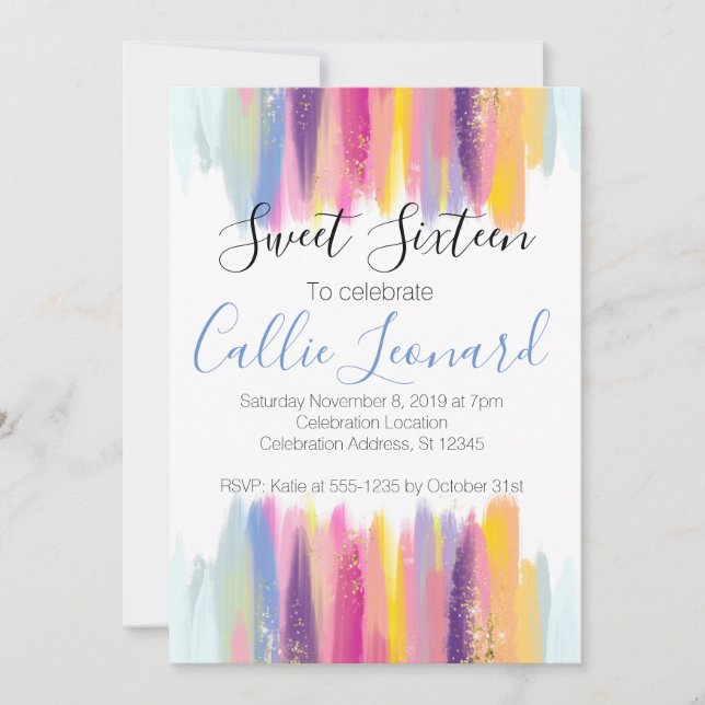 Sweet Sixteen Watercolor Glitter Birthday Invitation (Front)