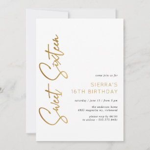 Sweet Sixteen White and Gold Script 16th Birthday Invitation