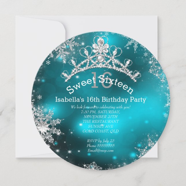 Sweet Sixteen Winter Wonderland Silver Teal Invitation (Front)