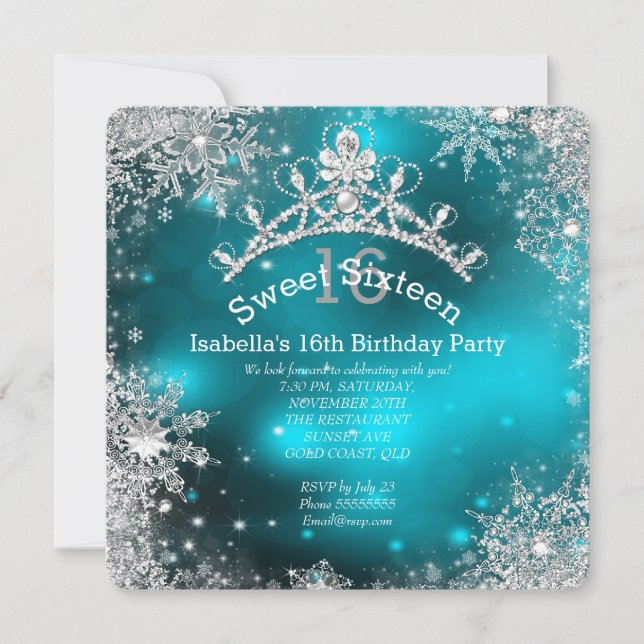 Sweet Sixteen Winter Wonderland Silver Teal Invitation (Front)