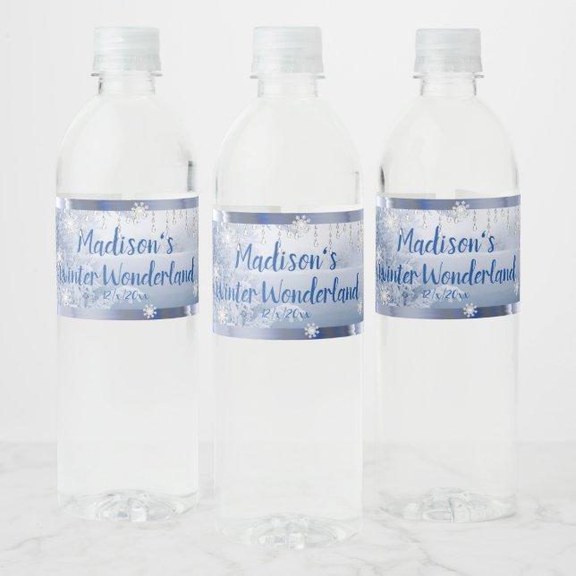 Sweet Sixteen Winter Wonderland Snow Gems Water Bottle Label (Bottles)