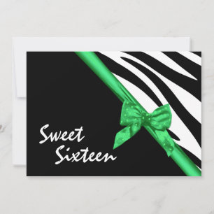 Sweet Sixteen Zebra and Ribbon Green Invitation