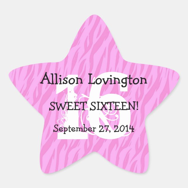 Sweet Sixteen Zebra Birthday Celebration Gift S01 Star Sticker (Front)