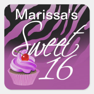 Sweet Sixteen Zebra Cupcake Party Square Sticker