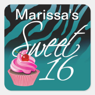Sweet Sixteen Zebra Cupcake Party Square Sticker