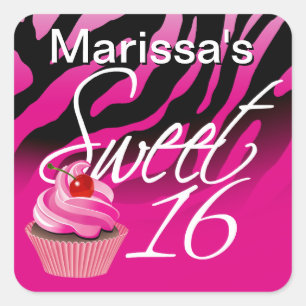 Sweet Sixteen Zebra Cupcake Party Square Sticker