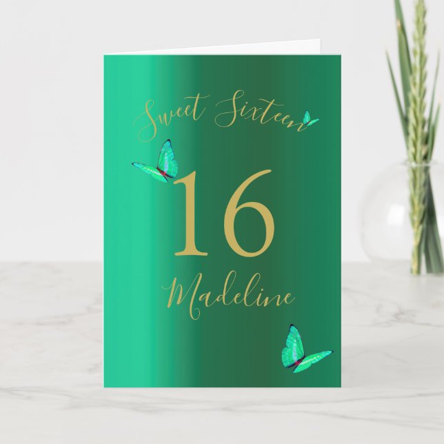 Sweet SixteenEmerald Green Butterflies Birthday Card (Front)