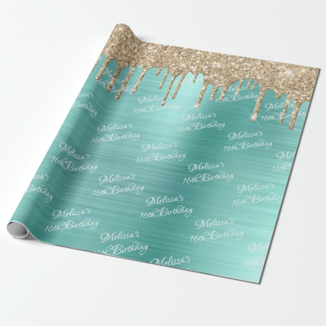 Sweet Sixteenth Birthday Teal Gold Drips Glitter Wrapping Paper (Unrolled)