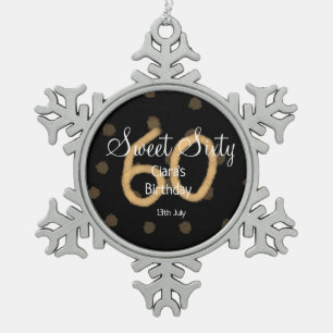 Sweet Sixty add name date birthday yellow polka do Snowflake Pewter Christmas Ornament