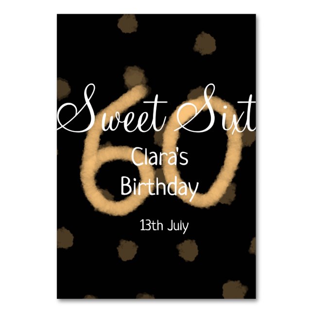 Sweet Sixty add name date birthday yellow polka do Table Number (Front)