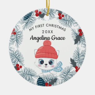 Sweet Skating Cat Baby's 1st Christmas Ceramic Tree Decoration