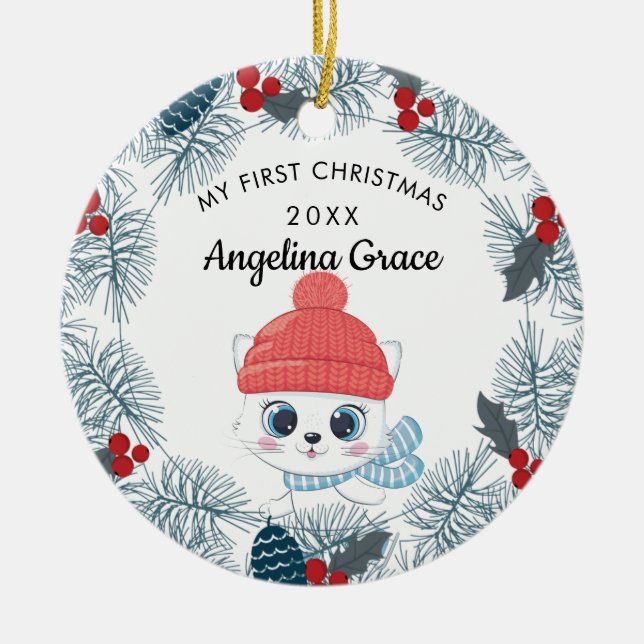 Sweet Skating Cat Baby's 1st Christmas Ceramic Tree Decoration (Front)