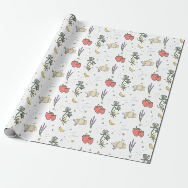 Sweet Sketched Summer Berry First Baby Shower  Wrapping Paper (Unrolled)