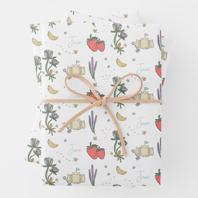 Sweet Sketched Summer Berry First Baby Shower  Wrapping Paper Sheet (In situ)