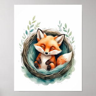 Sweet Sleeping Fox Nestled Watercolor Illustration Poster