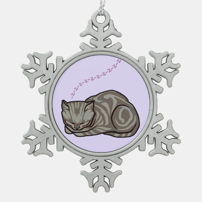 Sweet Sleeping Grey Tabby Cat on lavender Snowflake Pewter Christmas Ornament (Front)