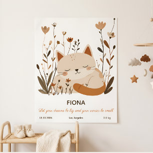 Sweet Sleeping Kitten Floral Nursery Poster