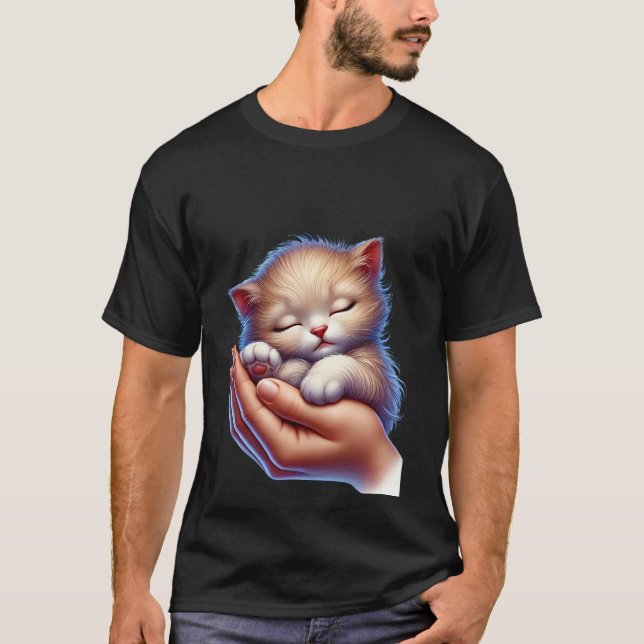 Sweet Sleeping Kitten in Hands Peaceful Tiny Cat  T-Shirt (Front)
