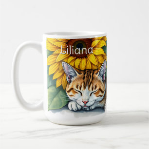 Sweet Sleepy Kitty Cat and Sunflowers Personalised Coffee Mug