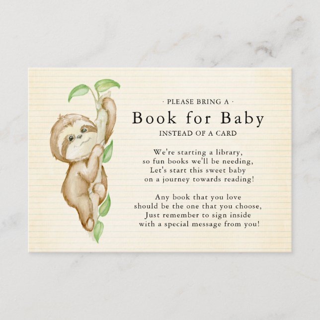 Sweet Sloth Baby Shower Book for Baby Card (Front)
