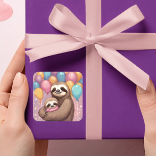 Sweet Sloth Baby Shower Girl Pink Balloons Square Sticker