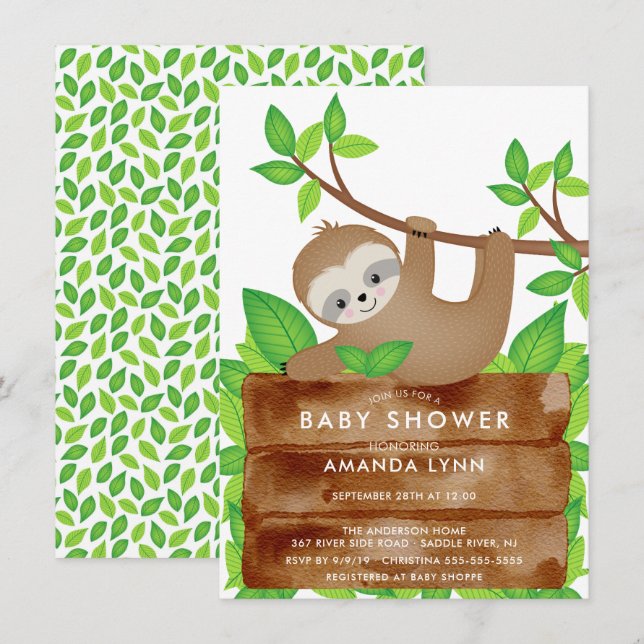 Sweet Sloth Baby Shower Invitation (Front/Back)