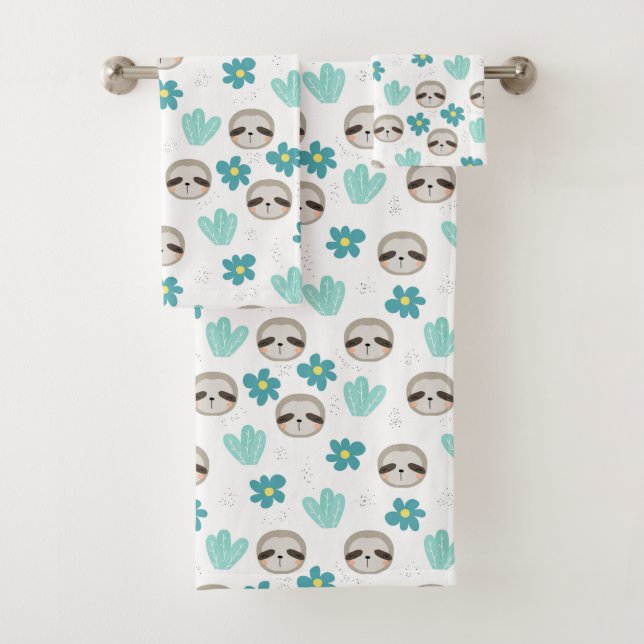 Sweet Sloth Floral Pattern Bath Towel Set (Insitu)