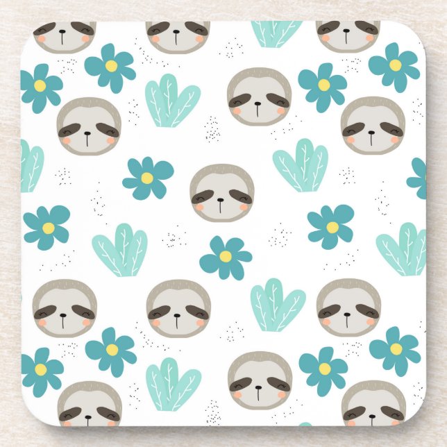 Sweet Sloth Floral Pattern Coaster (Front)