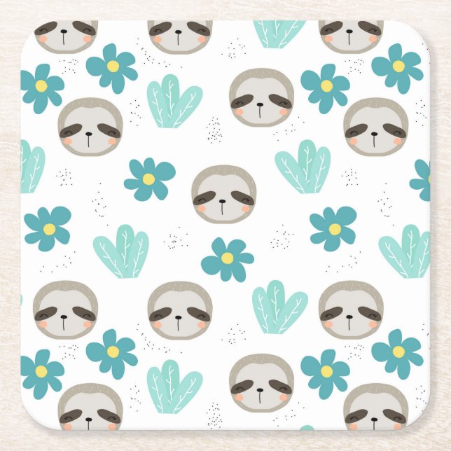 Sweet Sloth Floral Pattern Square Paper Coaster (Front)