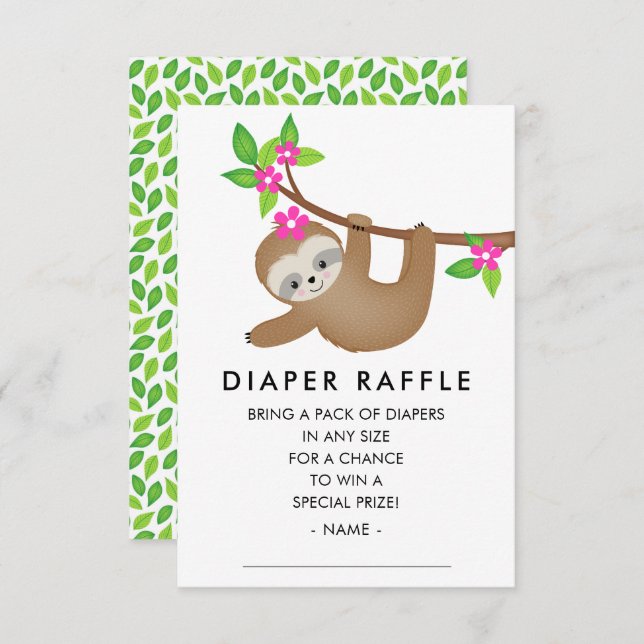Sweet Sloth Girls Baby Shower Diaper Raffle Enclosure Card (Front/Back)