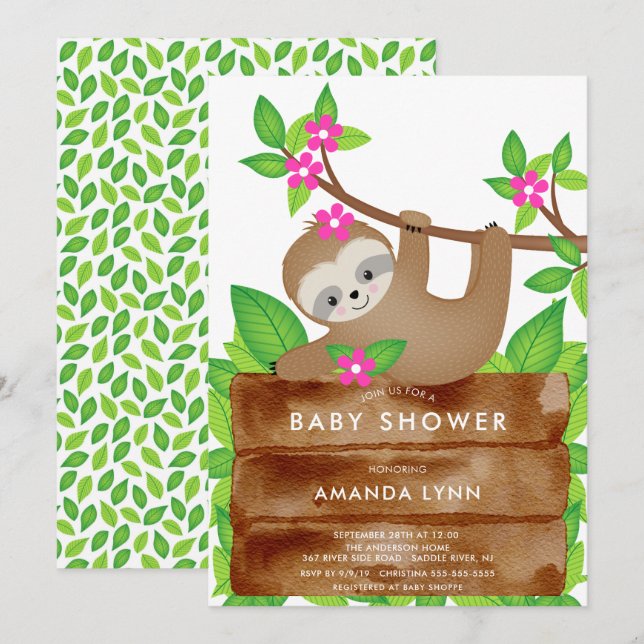 Sweet Sloth Girls Baby Shower Invitation (Front/Back)