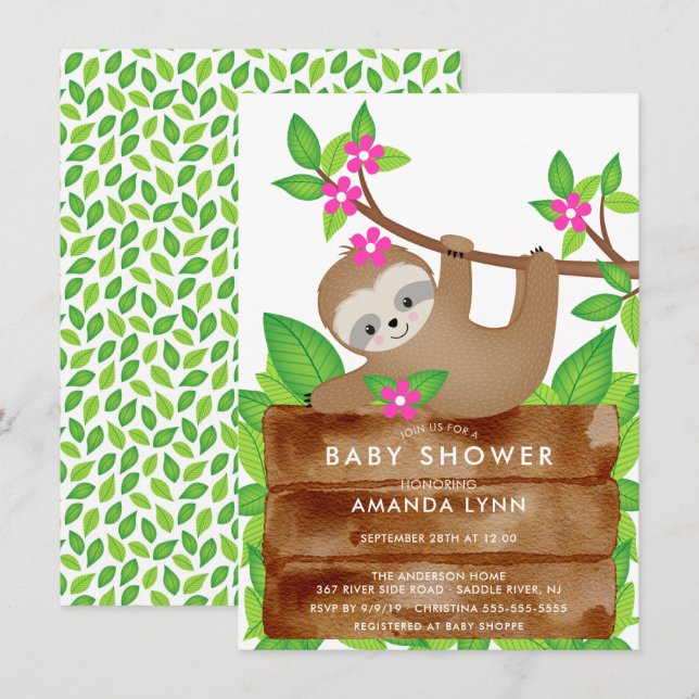 Sweet Sloth Girls Baby Shower Invitation (Front/Back)