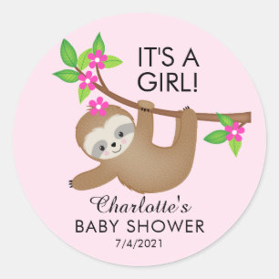 Sweet Sloth It's A Girl Baby Shower Favour Sticker