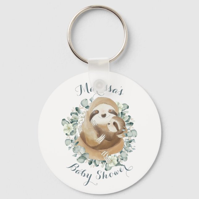 Sweet Sloth Mommy Cuddle Wreath Baby Shower Favor Key Ring (Front)