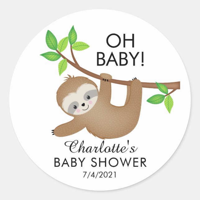 Sweet Sloth OH BABY Neutral Shower Favour Sticker (Front)