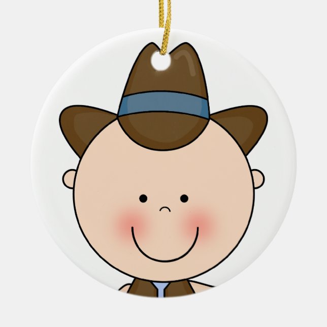 Sweet Smiling Baby Boy Western Cowboy Keepsake Ceramic Tree Decoration (Front)
