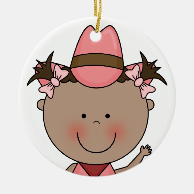 Sweet Smiling Baby Girl Western Cowgirl Keepsake Ceramic Tree Decoration (Front)